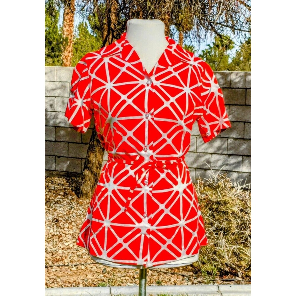 1980's Vintage All-Over Print Graphic Women Med Lady Manhattan Shirt Top EUC